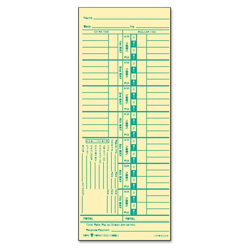 Tops Time Cards , Weekly, 1-Sided, Numbered Days, 3-1/2" x 9", Manila, Green Print, 500-Count (1252) - Image 1
